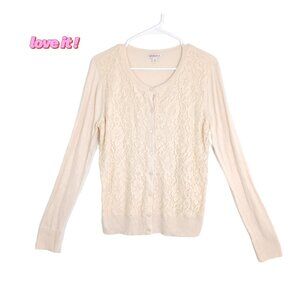 Merona Lace Front Cardigan Sweater Beige Large Overlay Button Up Long Sleeve